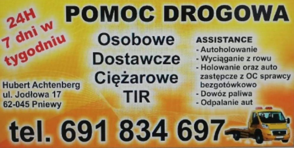 Zdjęcie na okładce dla Pomoc drogowa Pniewy 24h Achtenberg holowanie osobowe dostawcze ciezarowe tir transport maszyn naprawy powypadkowe